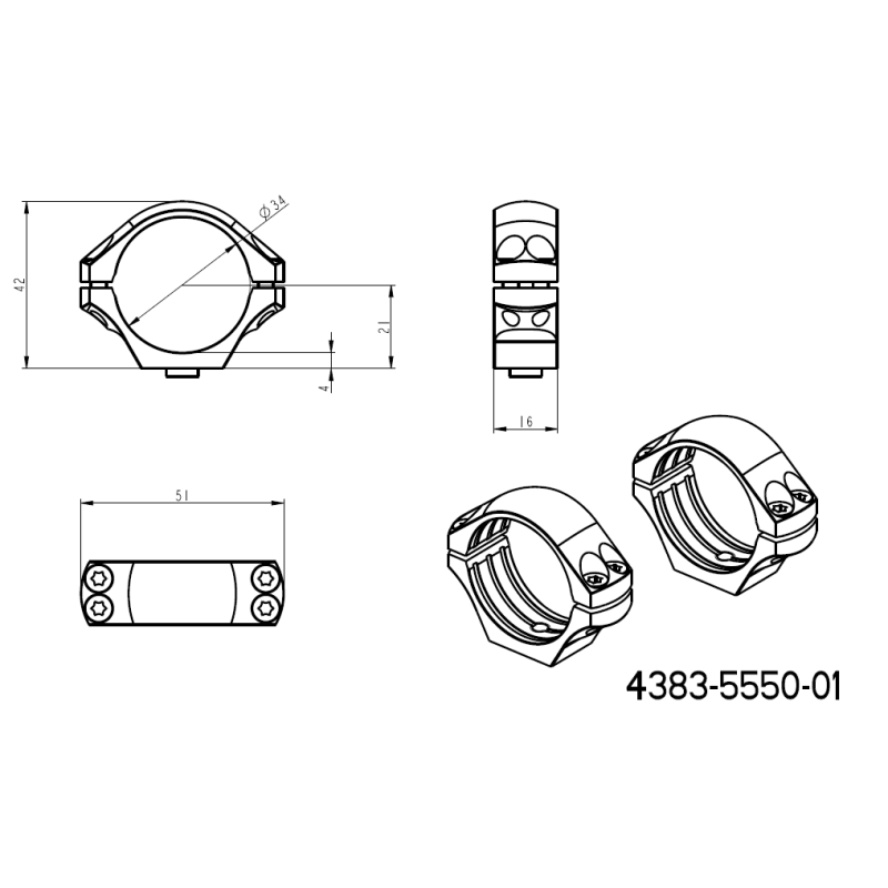 34mm anelli per ottiche | base corta Picatinny QD 