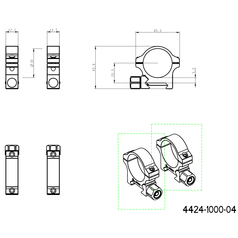 Base Picatinny 30mm anelli per ottiche | con dado a vite 